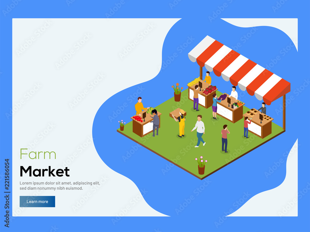 Farm Marketing concept, isometric illustration of nursery on blue background. Responsive web template design.