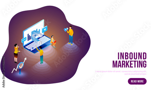 Isometric concept for Inbound Marketing with magnet in laptop, different advertising ways to attract customer or user.