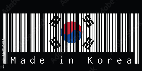 Barcode set the color of South Korea flag, the white color with Taegeuk and black trigrams on black background with text: Made in Korea. concept of sale or business. photo