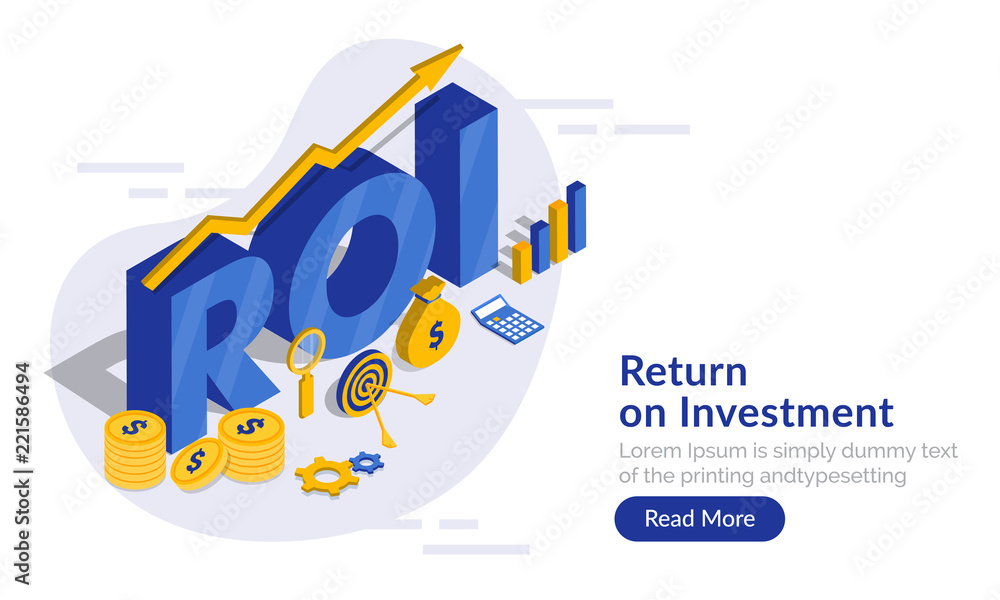 Blue 3d text ROI with infographic element, financial info chart and coin stack for Return On Investment concept based web template design.