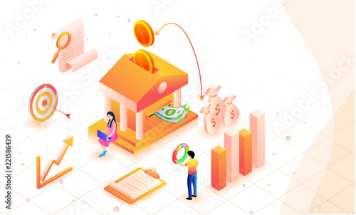 Return on investment  ROI  isometric background with bank  growth or profit graphs  money  document and miniature business people analysing the success of investment.