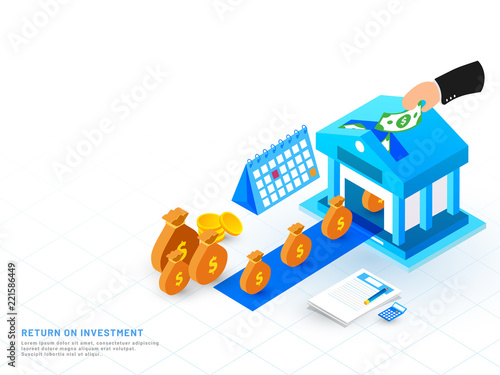 Return On Investment concept, isometric design for web template, man invest his money in bank to return best value or interest.