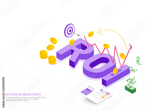 Purple 3D text ROI on white background with infographic elements and coin stack for Return On Investment concept based web template design.