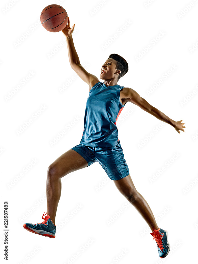 Fototapeta premium one african Basketball players woman teenager girl isolated on white background with shadows