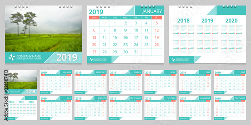 2019 calendar set week start Sunday corporate design template vector.
