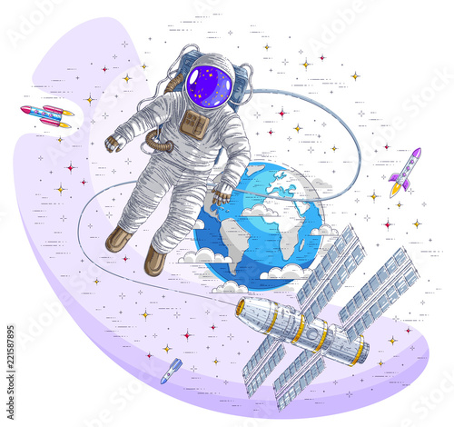 Astronaut went out into open space connected to space station and earth planet in background, spaceman floating in weightlessness and iss spacecraft, rockets and stars. Vector isolated.