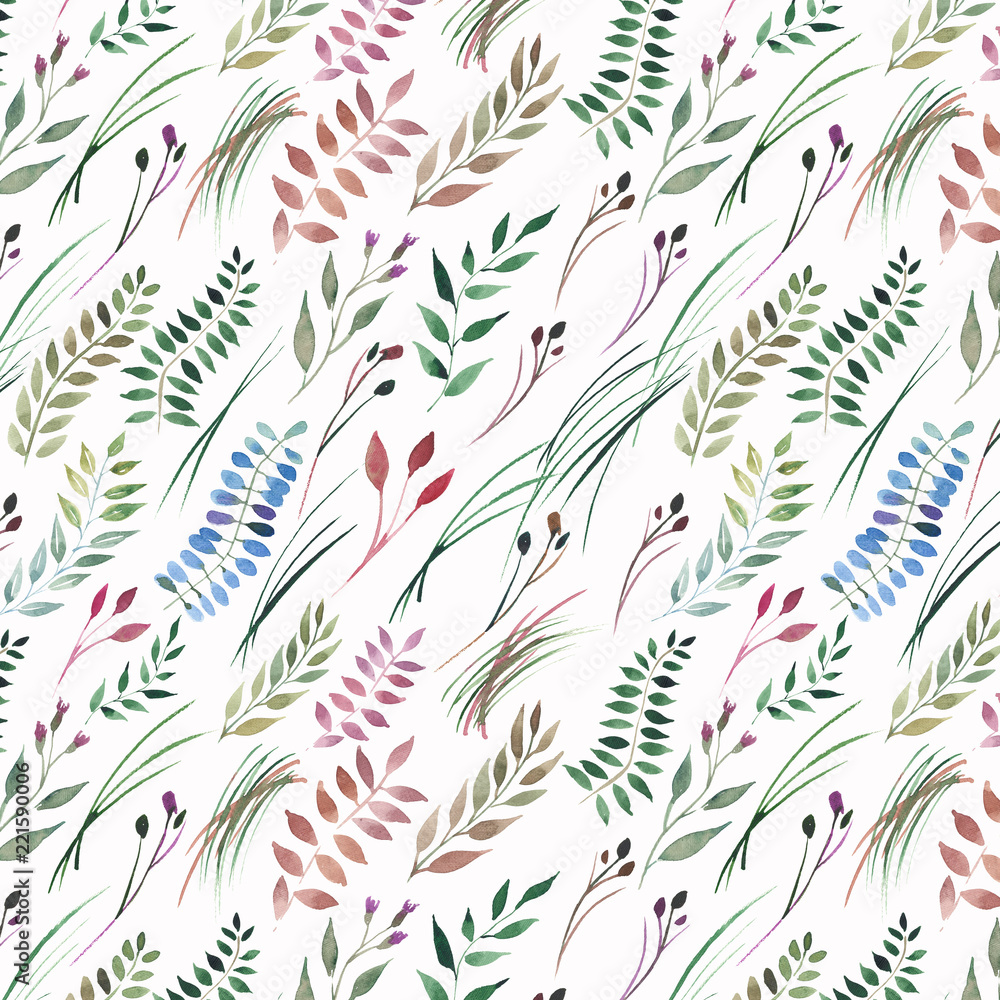 Fototapeta premium Tender beautiful gentle autumn wonderful colorful herbal floral red yellow orange grass, leaves and berries pattern watercolor