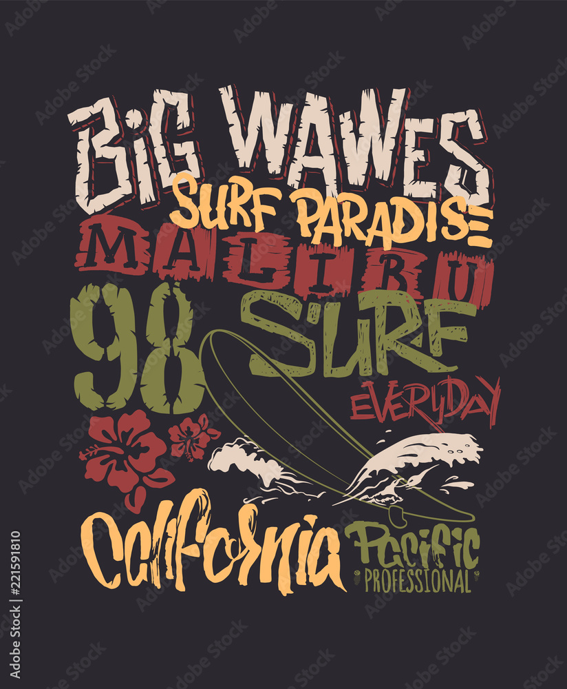 Surf graphic. T-shirt Printing. Lettering Vector Design