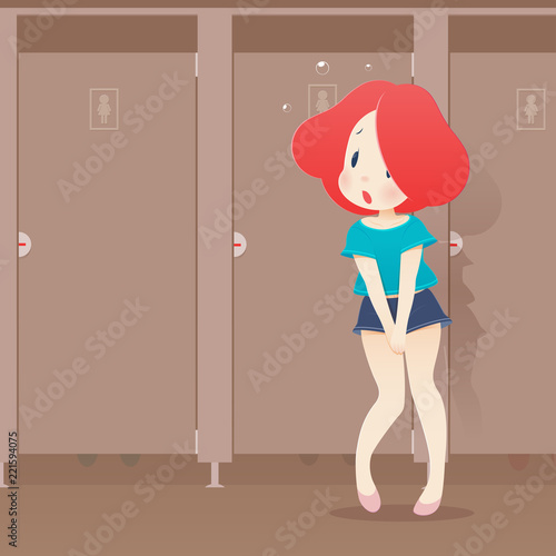 illustration woman with urine urgency problem in public toilet.