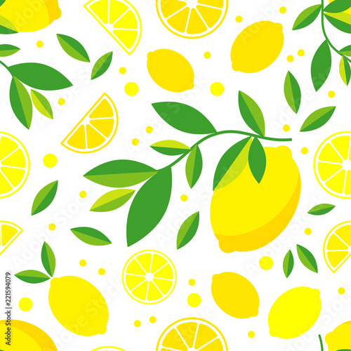 Seamless pattern with decorative lemons. Cute cartoon. Summer garden. Lemon jam. Vector illustration. Textile rapport.