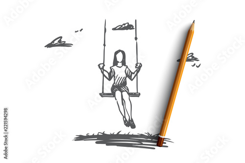 Girl, swinging, playing, fun, activity concept. Hand drawn isolated vector.