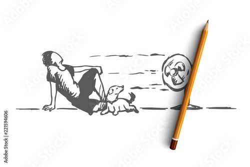 Summer, hot, man, dog concept. Hand drawn isolated vector.