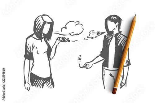 Vape, e-cigarette, girl, smoke concept. Hand drawn isolated vector.