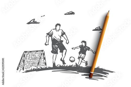 Father, football, son, play, parent concept. Hand drawn isolated vector.
