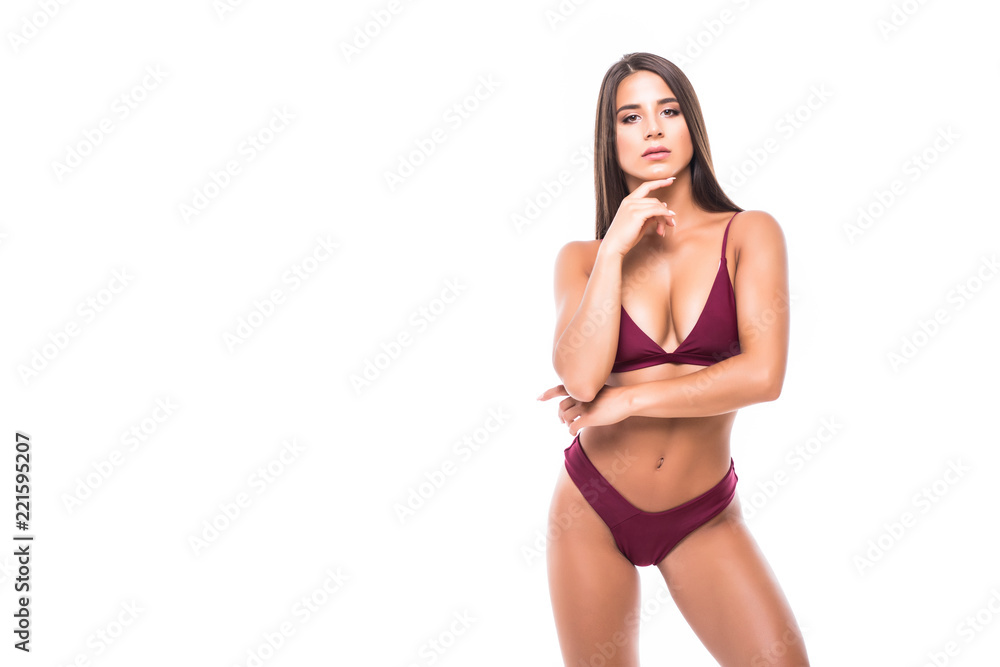 Sexy tan woman perfect figure in bikini isolated on white background - obrazy, fototapety, plakaty 