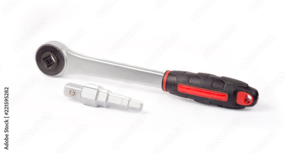 Hand tools. Drive radiator spud wrench with ratchet for valve repairs. Combination spanner for valve nipples, counter-threads and tap extentions. Isolated on white background.