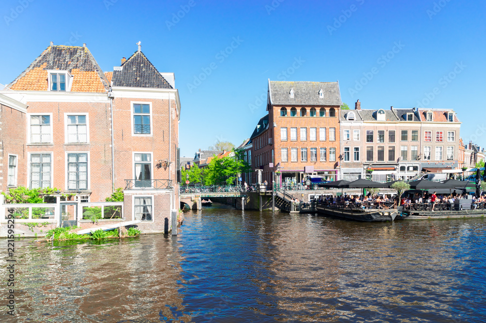 Leiden historical old town with canals in Netherlands