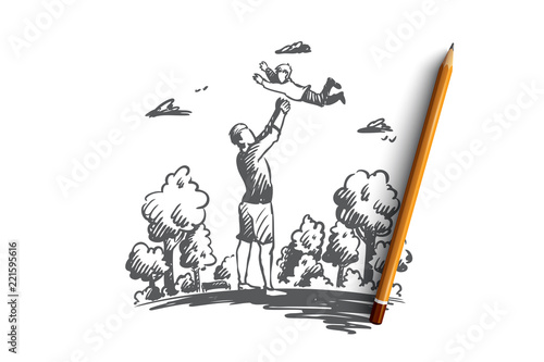 Child, father, parent, fun concept. Hand drawn isolated vector.