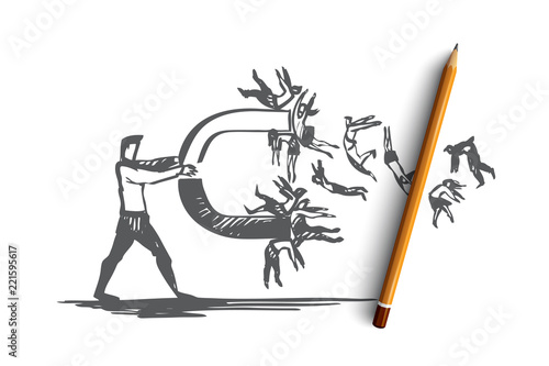 Businessman, people, magnet, crowd concept. Hand drawn isolated vector.