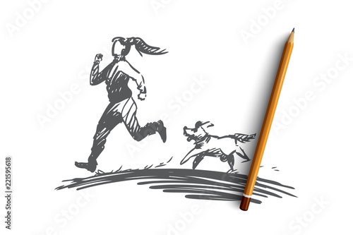 Girl, dog, run, sport, jogging concept. Hand drawn isolated vector.