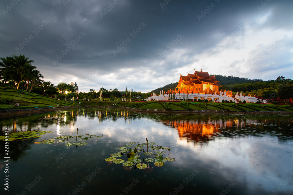 The Royal Pavilion (Ho Kham Luang), Thai tradition building like old temple in evening at Royal Park Rajapruek, Chiang Mai, Thailand The Royal Pavilion (Ho Kham Luang), Thai tradition building like old temple in evening at Royal Park Rajapruek, Chiang Mai, Thailand