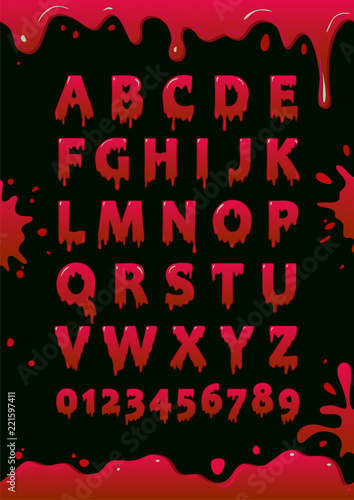 Font of blood. Blot alphabet. Letters and numbers with red slime. Vector poster