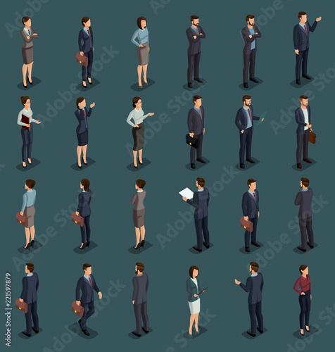Isometric People Isometric businessmen, businessman and business woman, people in business suits during work, front view rear view isolated on a dark background. Vector illustration