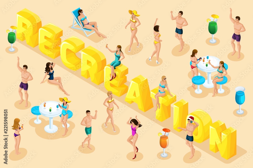 Isometrics trip, rest, people in summer, girls in bathing suits, men in swimming trunks, sand, sea, beach, big letters, inscription font set6 Isometrics trip, rest, people in summer, girls in bathing suits, men in swimming trunks, sand, sea, beach, big letters, inscription font set6