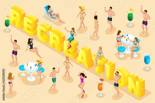 Isometrics trip, rest, people in summer, girls in bathing suits, men in swimming trunks, sand, sea, beach, big letters, inscription font set6