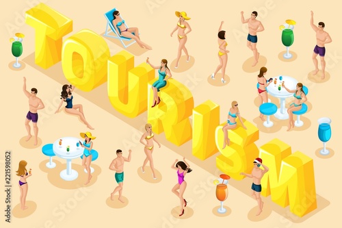 Isometrics trip, rest, people in summer, girls in bathing suits, men in swimming trunks, sand, sea, beach, big letters, inscription font set4