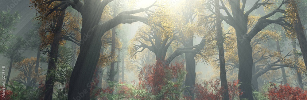 Naklejka premium autumn forest in the morning in the fog. autumn trees in the fog. 