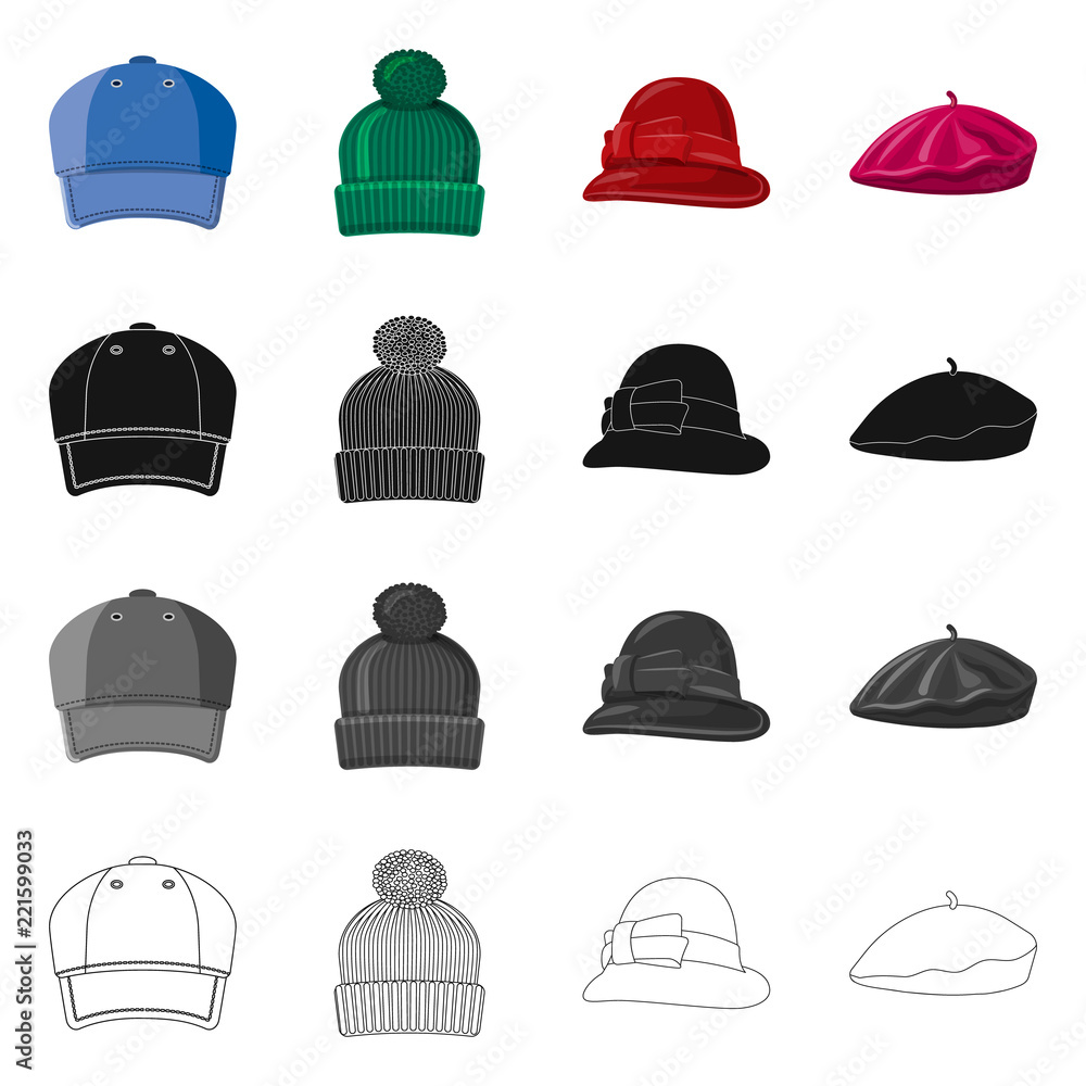 Vector illustration of headwear and cap sign. Set of headwear and accessory stock vector illustration. Vector illustration of headwear and cap sign. Set of headwear and accessory stock vector illustration.