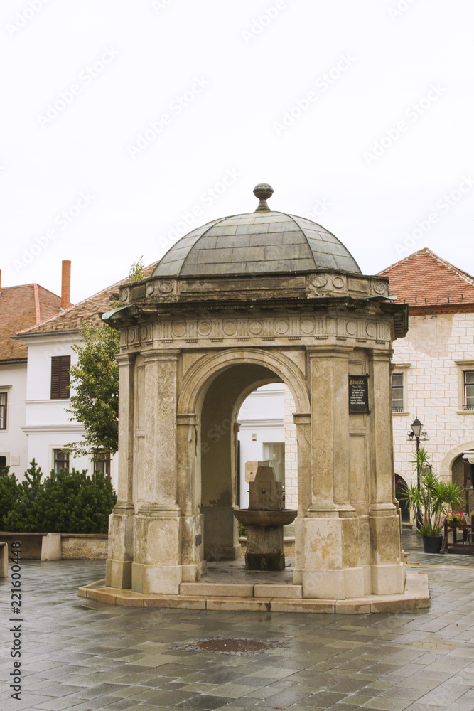 Fototapeta premium Historical Fountain. Fount by St Emeric Church on Jurisics Square, old town. Hungary, Koszeg, western Transdanubie, Hungary.