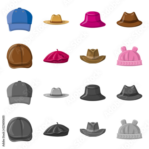 Vector design of headwear and cap icon. Set of headwear and accessory stock vector illustration.