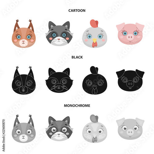 Protein, raccoon, chicken, pig. Animal's muzzle set collection icons in cartoon,black,monochrome style vector symbol stock illustration web.