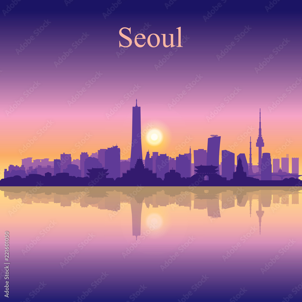 Seoul city silhouette on sunset background