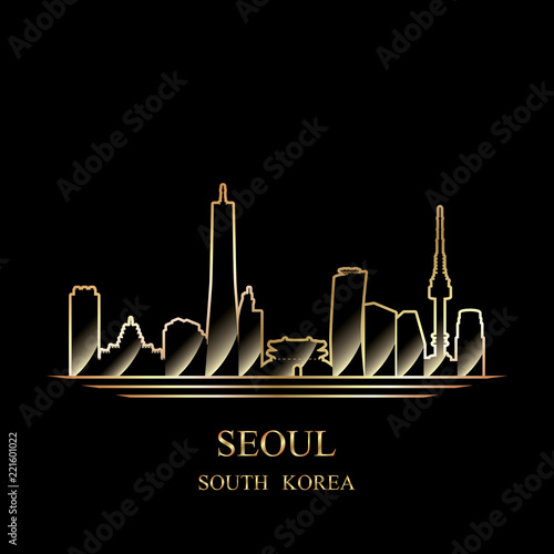 Gold silhouette of Seoul on black background