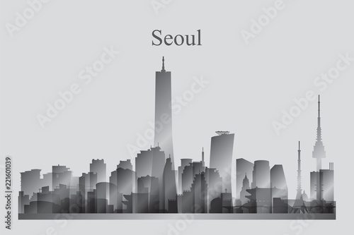 Seoul city skyline silhouette in grayscale