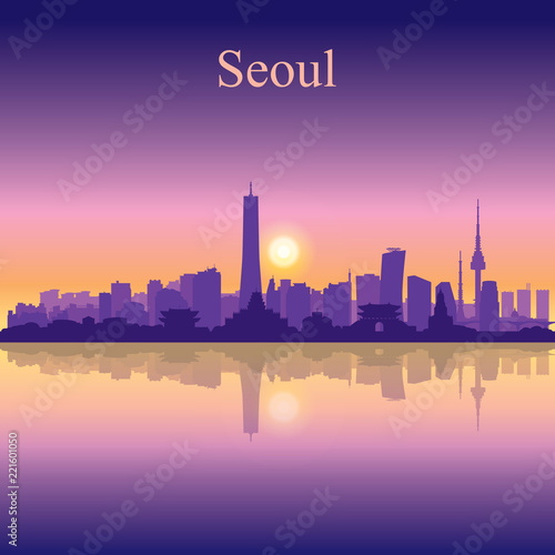 Seoul city silhouette on sunset background