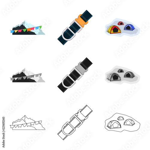 Isolated object of alpinism and peak icon. Collection of alpinism and camp stock vector illustration.