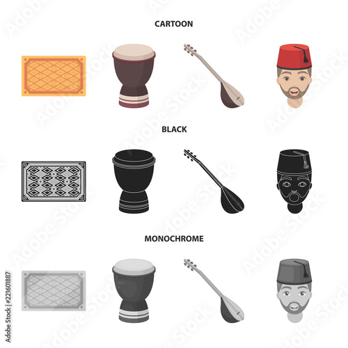 Turkish carpet, saz, drum, turkish men.Turkey set collection icons in cartoon,black,monochrome style vector symbol stock illustration web.