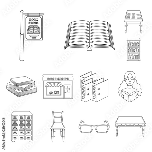 Library and bookstore outline icons in set collection for design. Books and furnishings vector symbol stock web illustration.