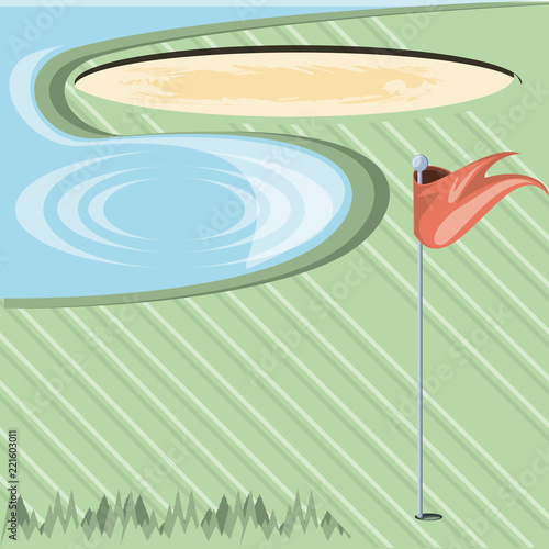 golf curse with sand trap and lake