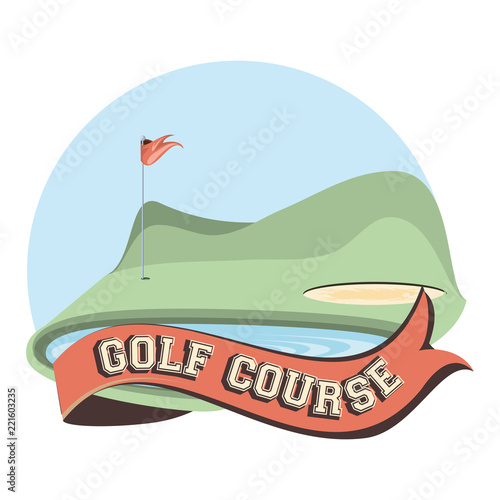 golf curse with sand trap and lake