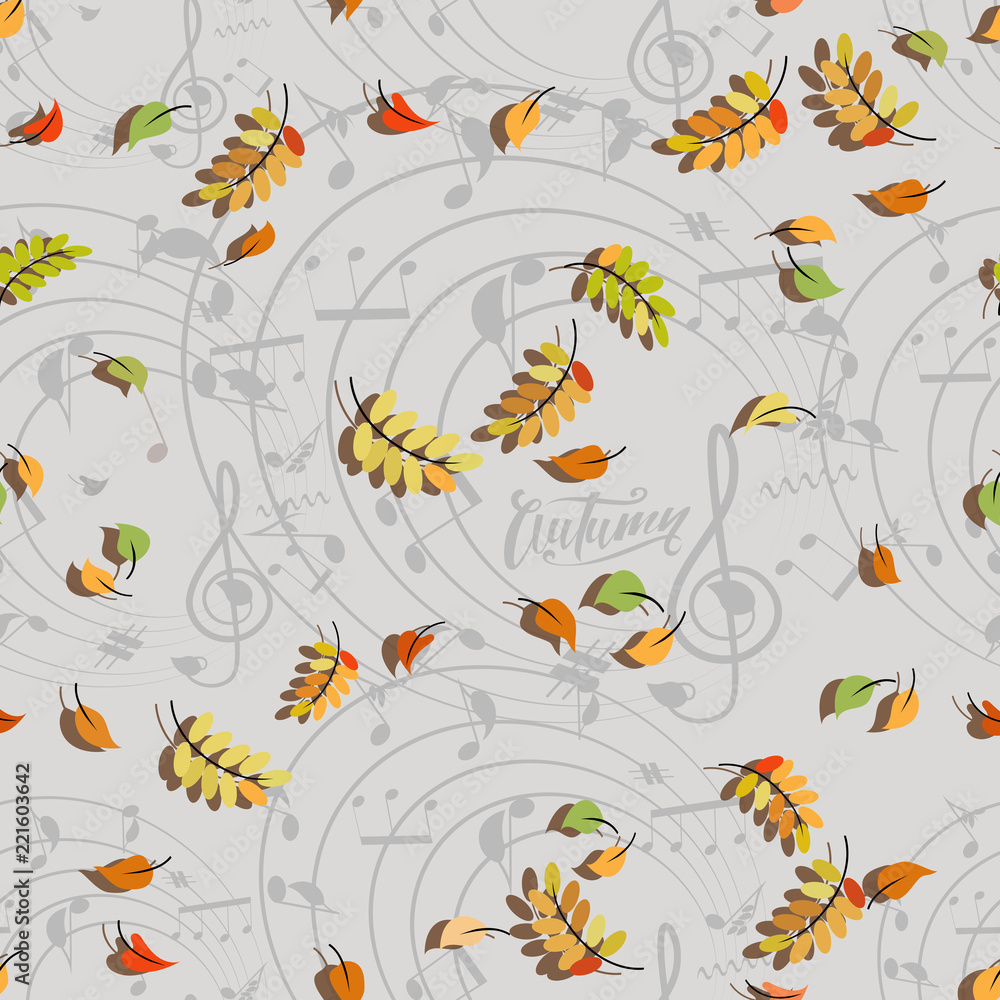 AUTUMN. Dancing leaves and musical notes. Musical pattern. Background composition for design of advertising, announcements, sites and printing on paper or fabrics, packaging of musical instruments. AUTUMN. Dancing leaves and musical notes. Musical pattern. Background composition for design of advertising, announcements, sites and printing on paper or fabrics, packaging of musical instruments.