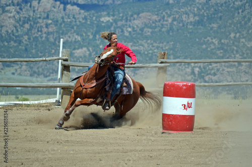Cowgirl on Chestnut Horse Barrel Racing