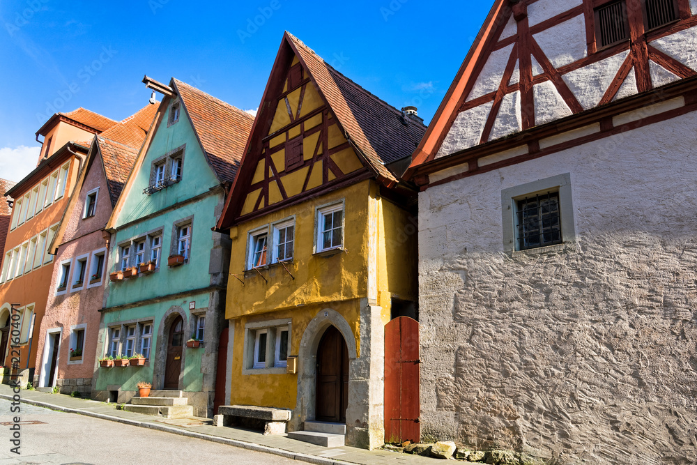 Colorful houses in the medieval town of Rothenburg ob der Tauber in Bavaria, Germany