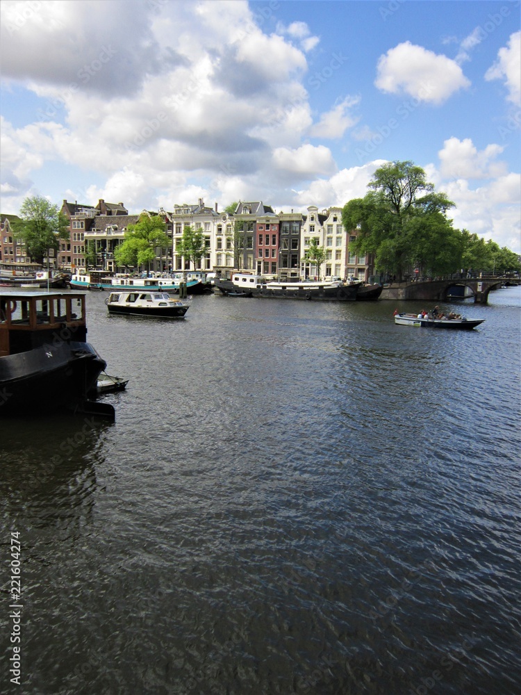 Houses and boats in Amsterdam, Netherlands
