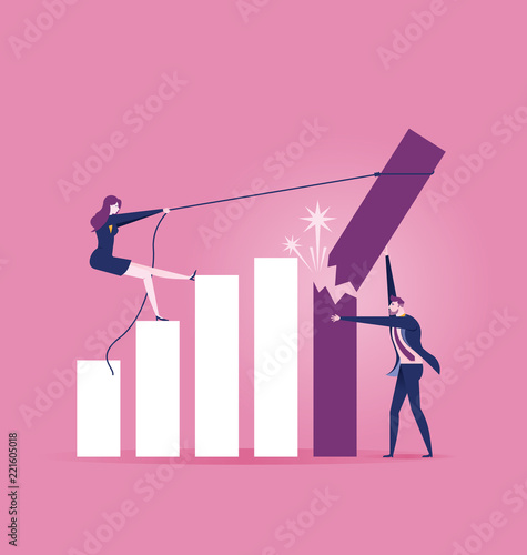 Businessman trying to hold on the breaking and falling down growth rate graph bar