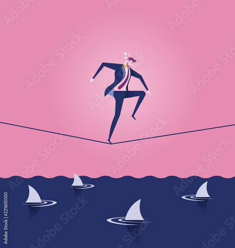 Businessman Walking a tightrope over sea of sharks - Business Concept Illustration